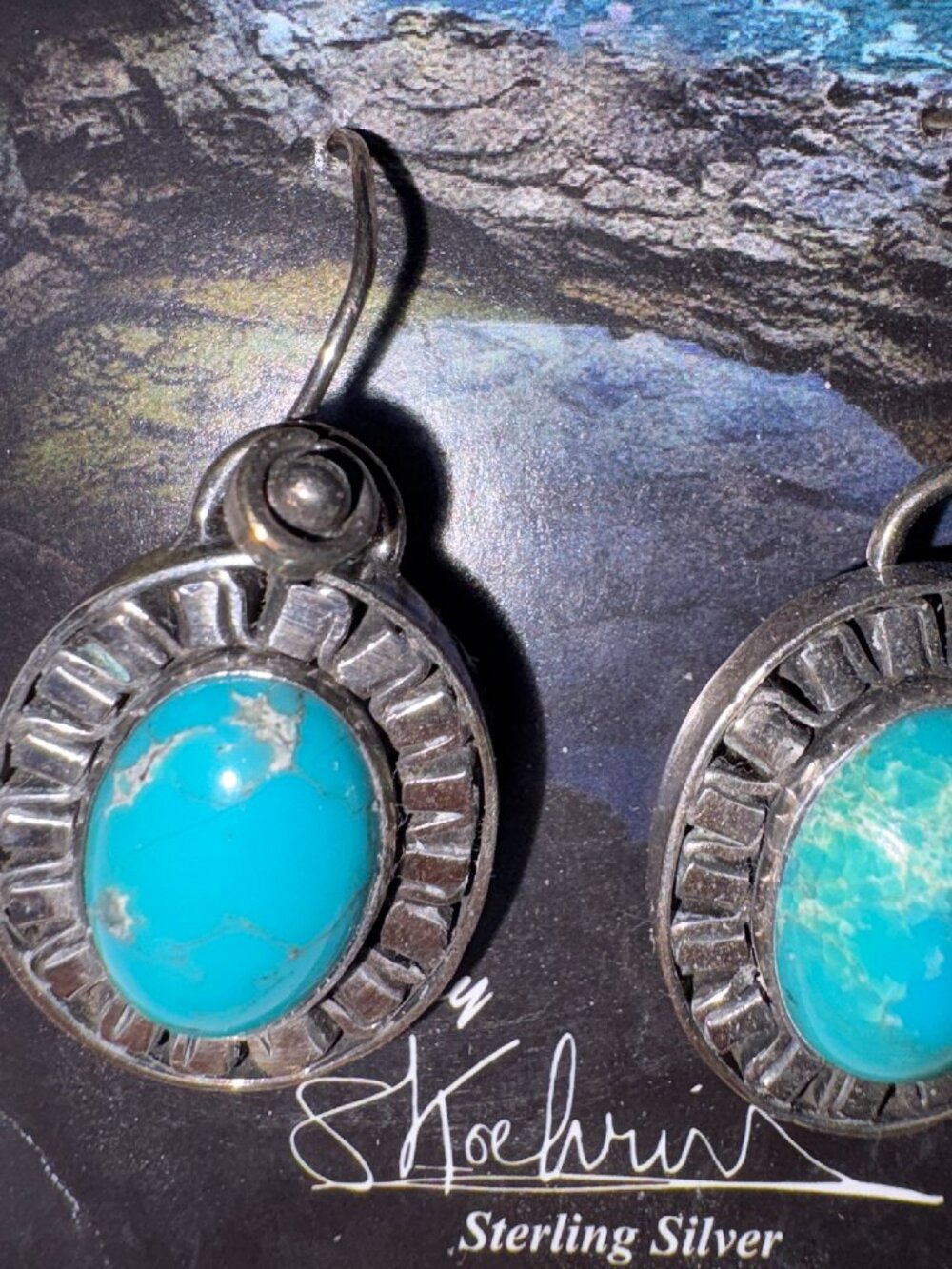 Leela Collection Sterling Silver Earrings Turquoise in Sunburst Setting. New